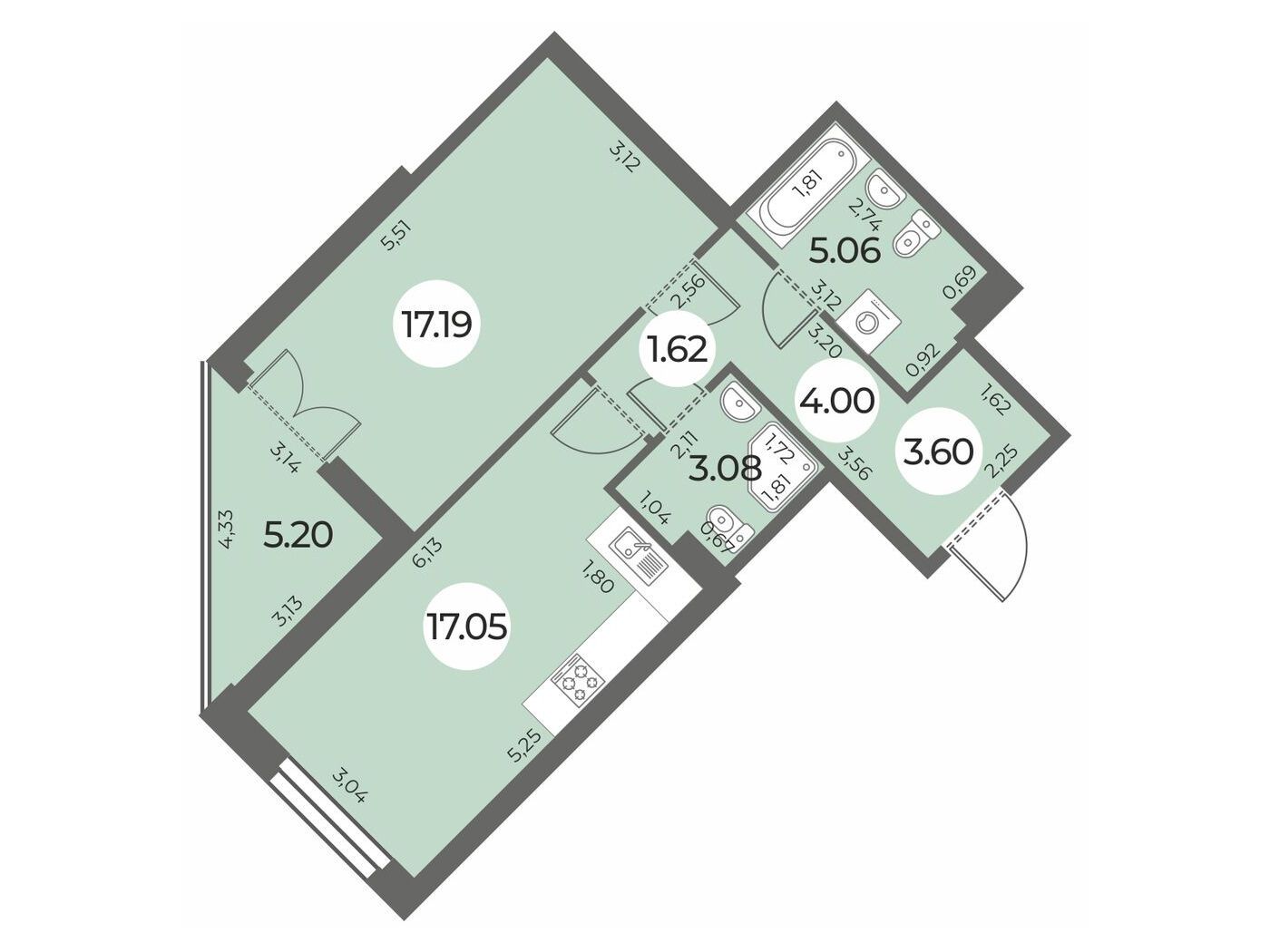 Планировка: 1-комн. квартира 54.20 м² в новостройке Огни Залива