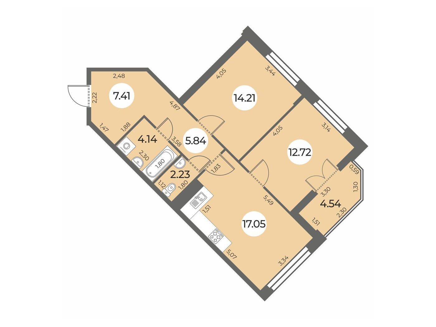 Планировка: 2-комн. квартира 65.87 м² в новостройке Огни Залива