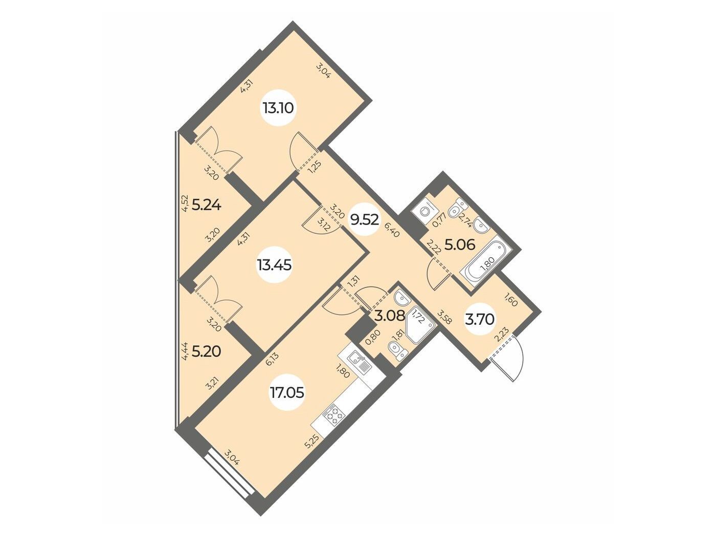 Планировка: 2-комн. квартира 70.18 м² в новостройке Огни Залива