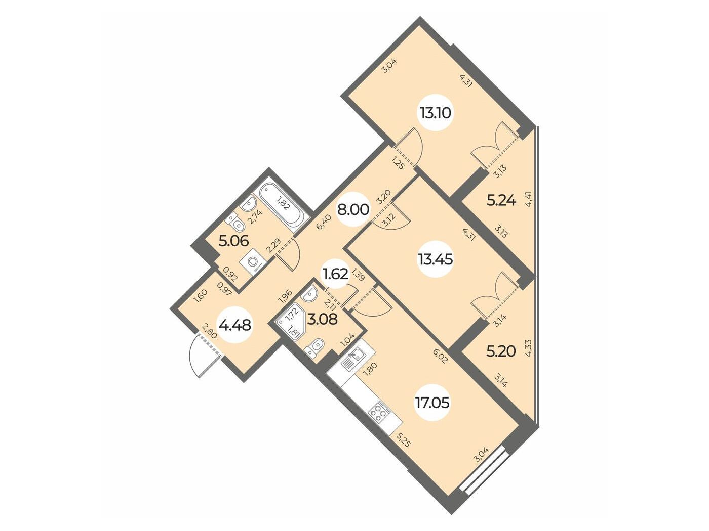 Планировка: 2-комн. квартира 71.06 м² в новостройке Огни Залива