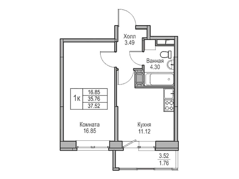 Планировка: 1-комн. квартира 37.52 м² в новостройке Юнтолово