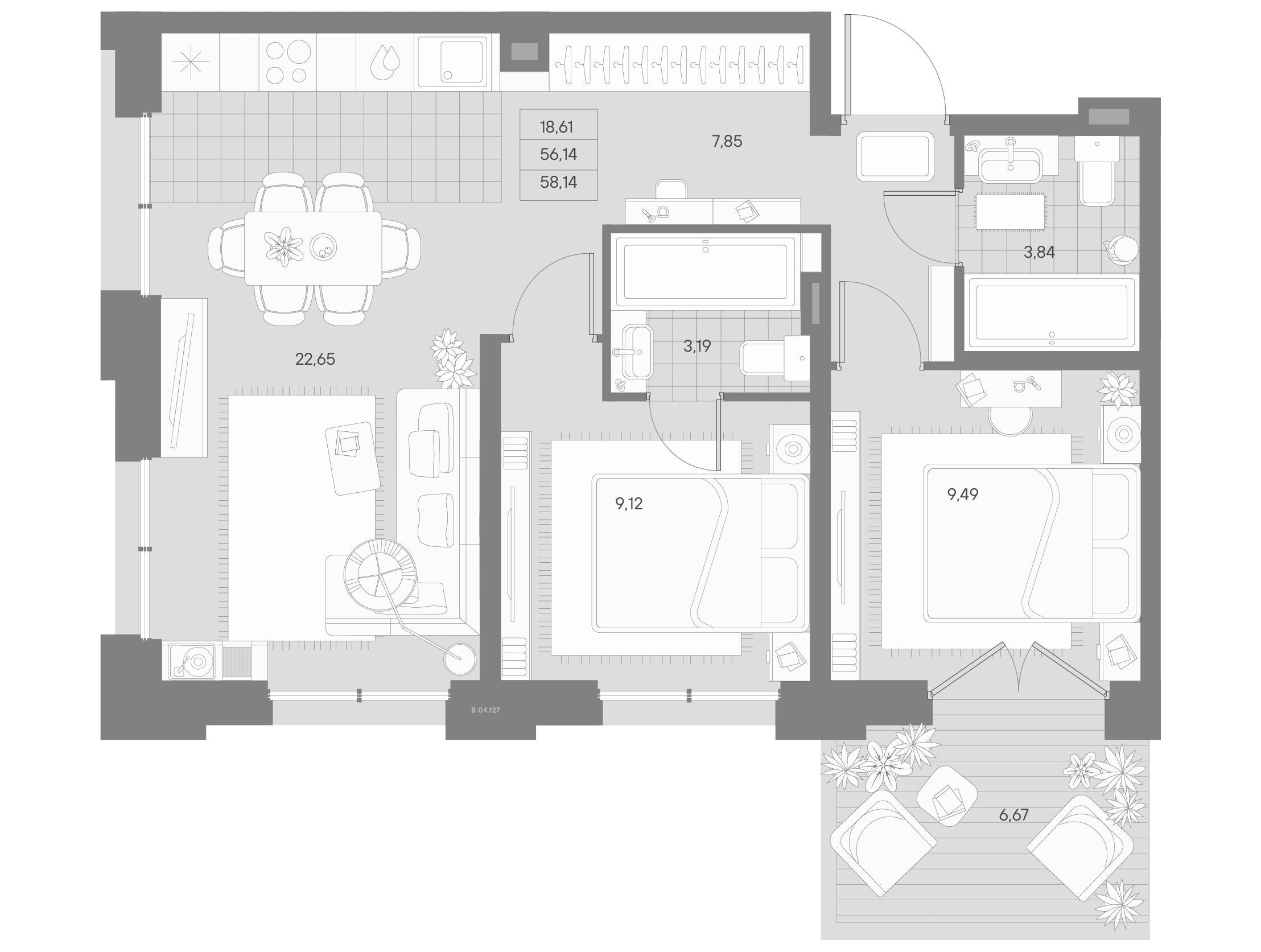 Планировка: 2-комн. квартира 58.14 м² в новостройке ЖК Альпен
