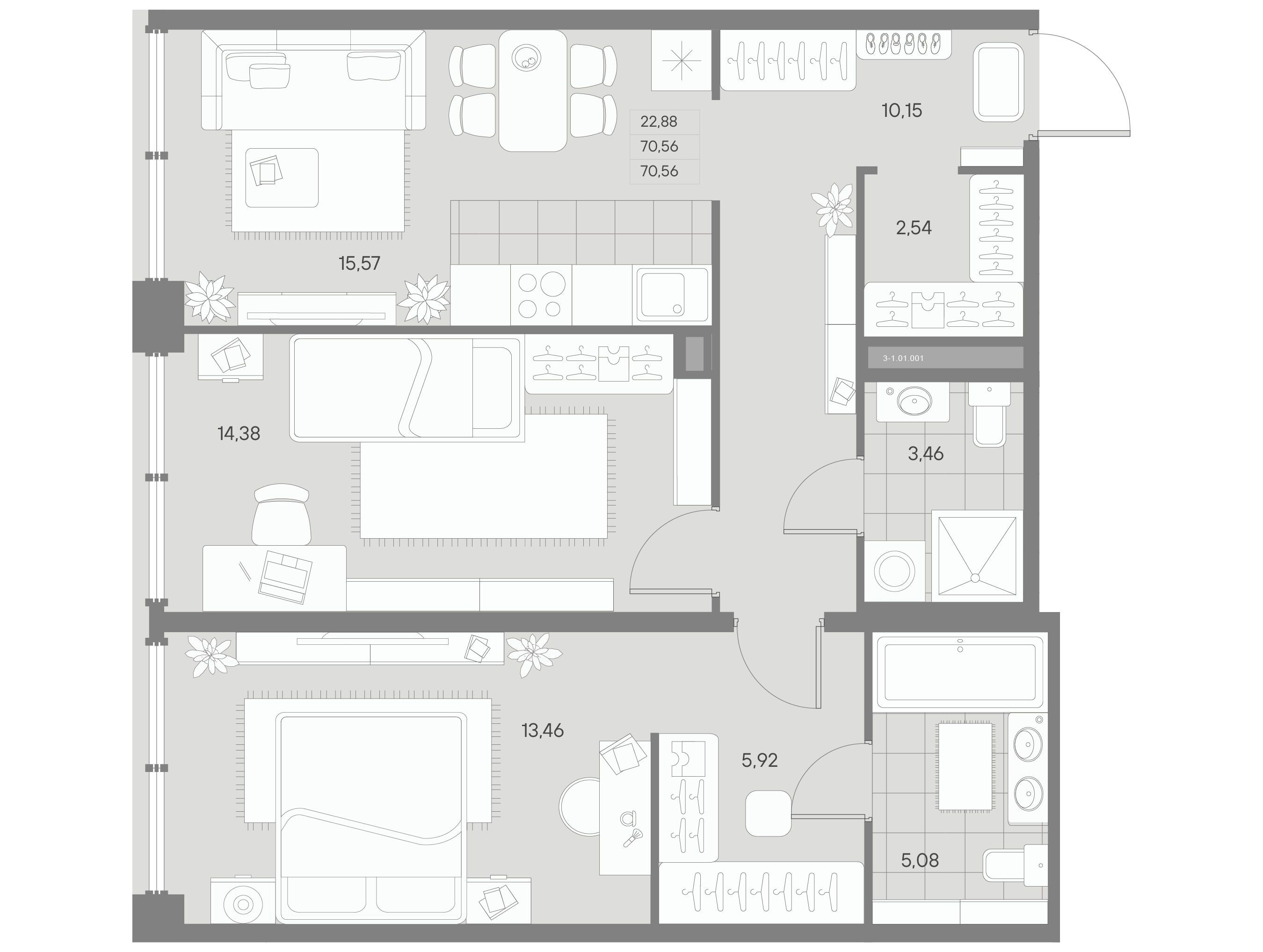 Планировка: 2-комн. квартира 70.59 м² в новостройке ЖК Авант