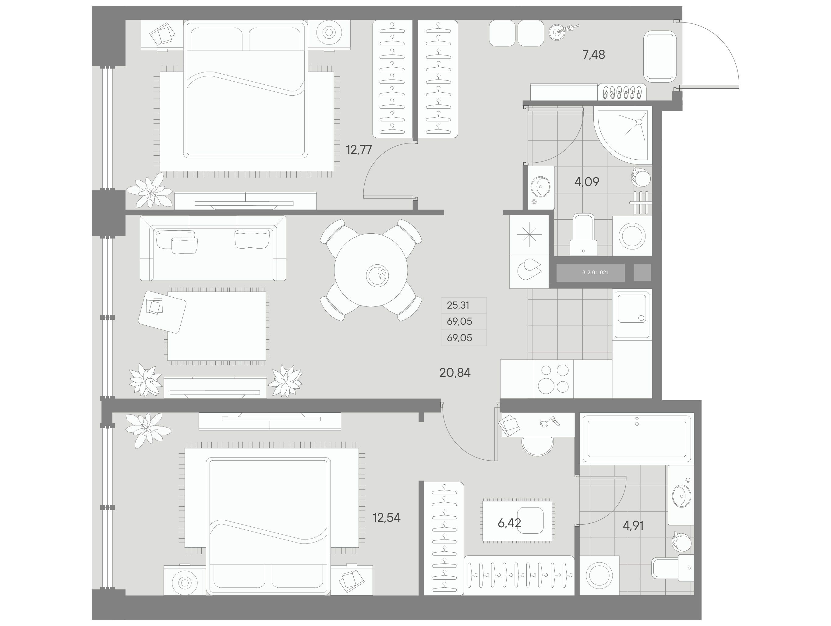 Планировка: 2-комн. квартира 69.07 м² в новостройке ЖК Авант