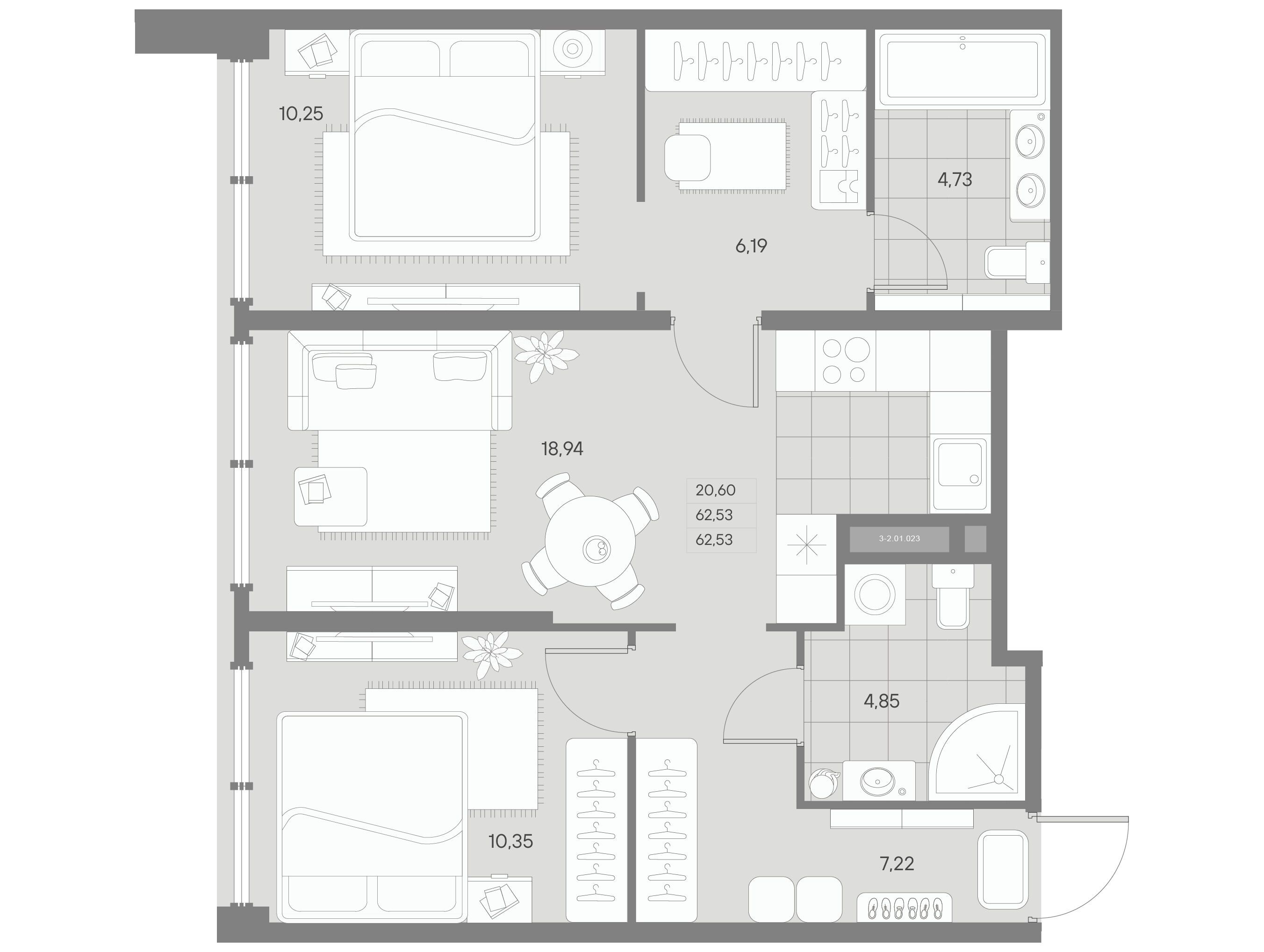 Планировка: 2-комн. квартира 62.60 м² в новостройке ЖК Авант