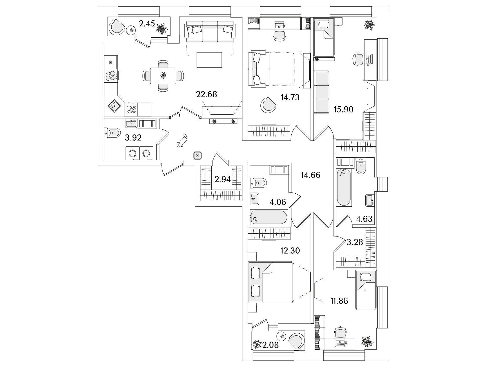 Планировка: 4-комн. квартира 113.10 м² в новостройке БелАрт