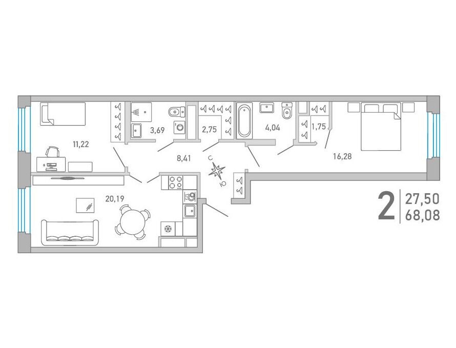 Планировка: 2-комн. квартира 68.40 м² в новостройке ЖК Министр