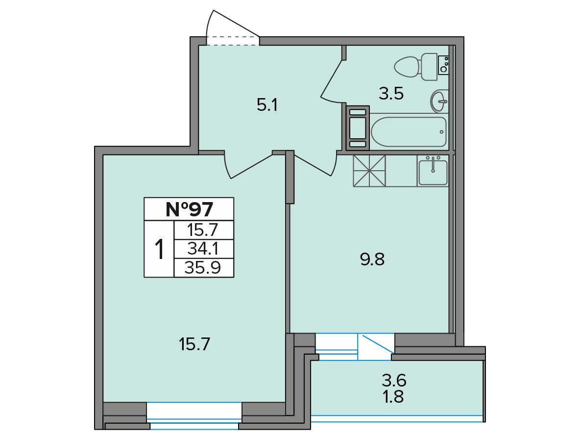 Планировка: 1-комн. квартира 35.90 м² в новостройке Смарт