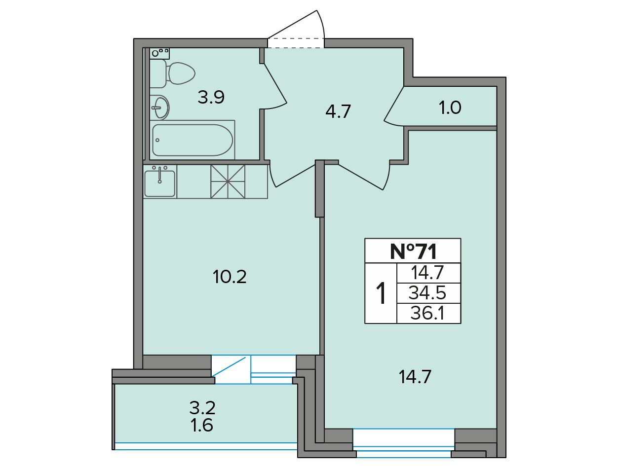 Планировка: 1-комн. квартира 36.10 м² в новостройке Смарт