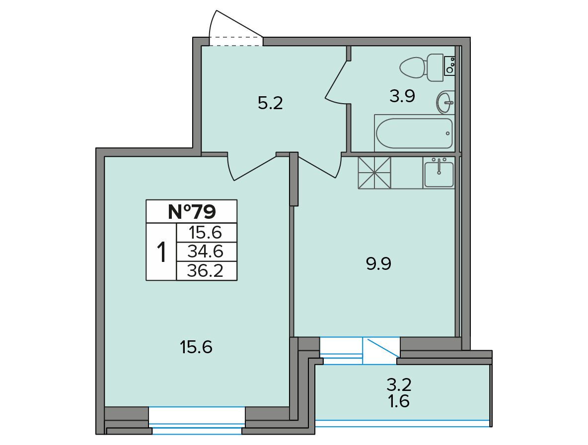 Планировка: 1-комн. квартира 36.20 м² в новостройке Смарт