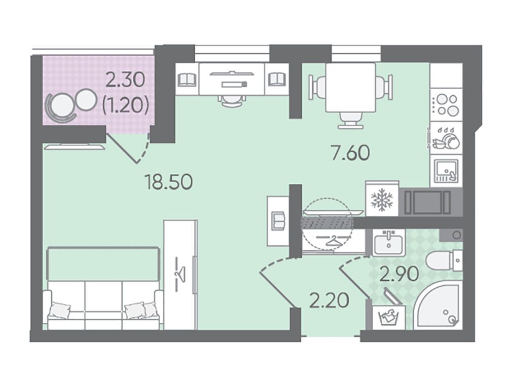 Планировка: 1-комн. квартира 32.40 м² в новостройке Цветной город