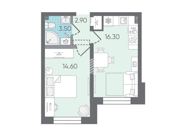 Планировка: 1-комн. квартира 37.30 м² в новостройке Цветной город