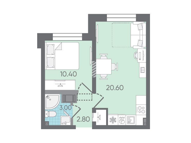 Планировка: 1-комн. квартира 36.80 м² в новостройке Цветной город