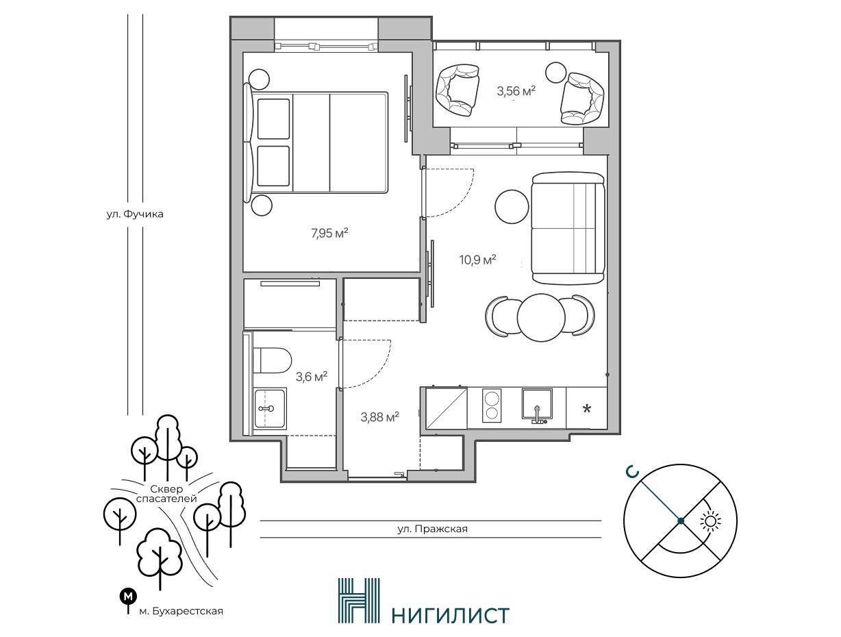 Планировка: 1-комн. квартира 29.93 м² в новостройке ЖК Нигилист