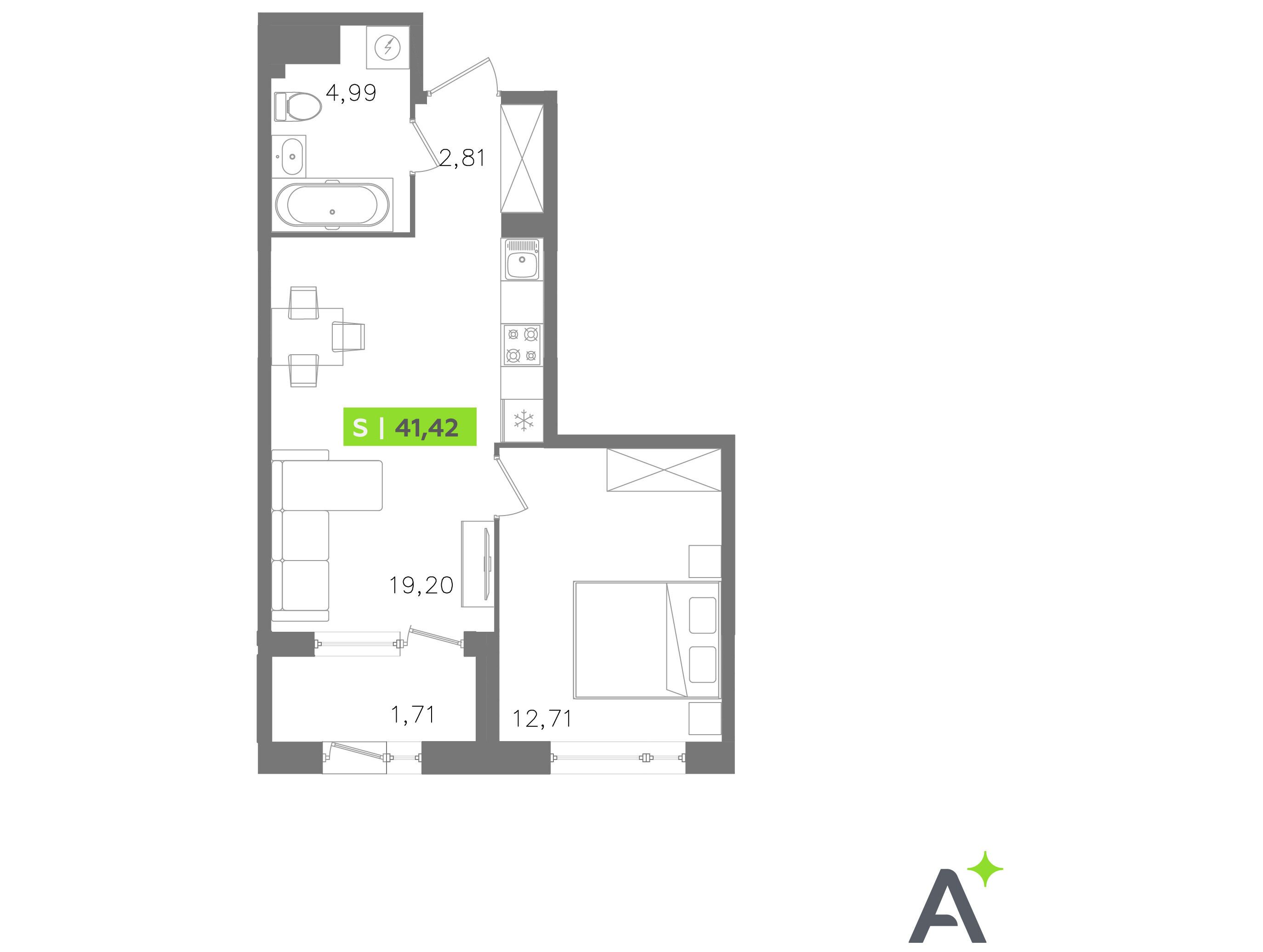 Планировка: 2-комн. квартира 41.42 м² в новостройке Оро от Аквилон