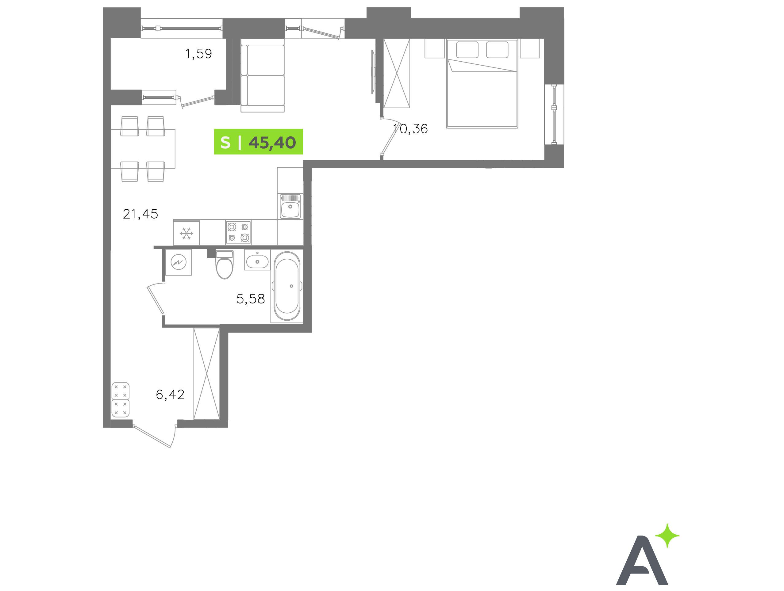 Планировка: 2-комн. квартира 45.40 м² в новостройке Оро от Аквилон
