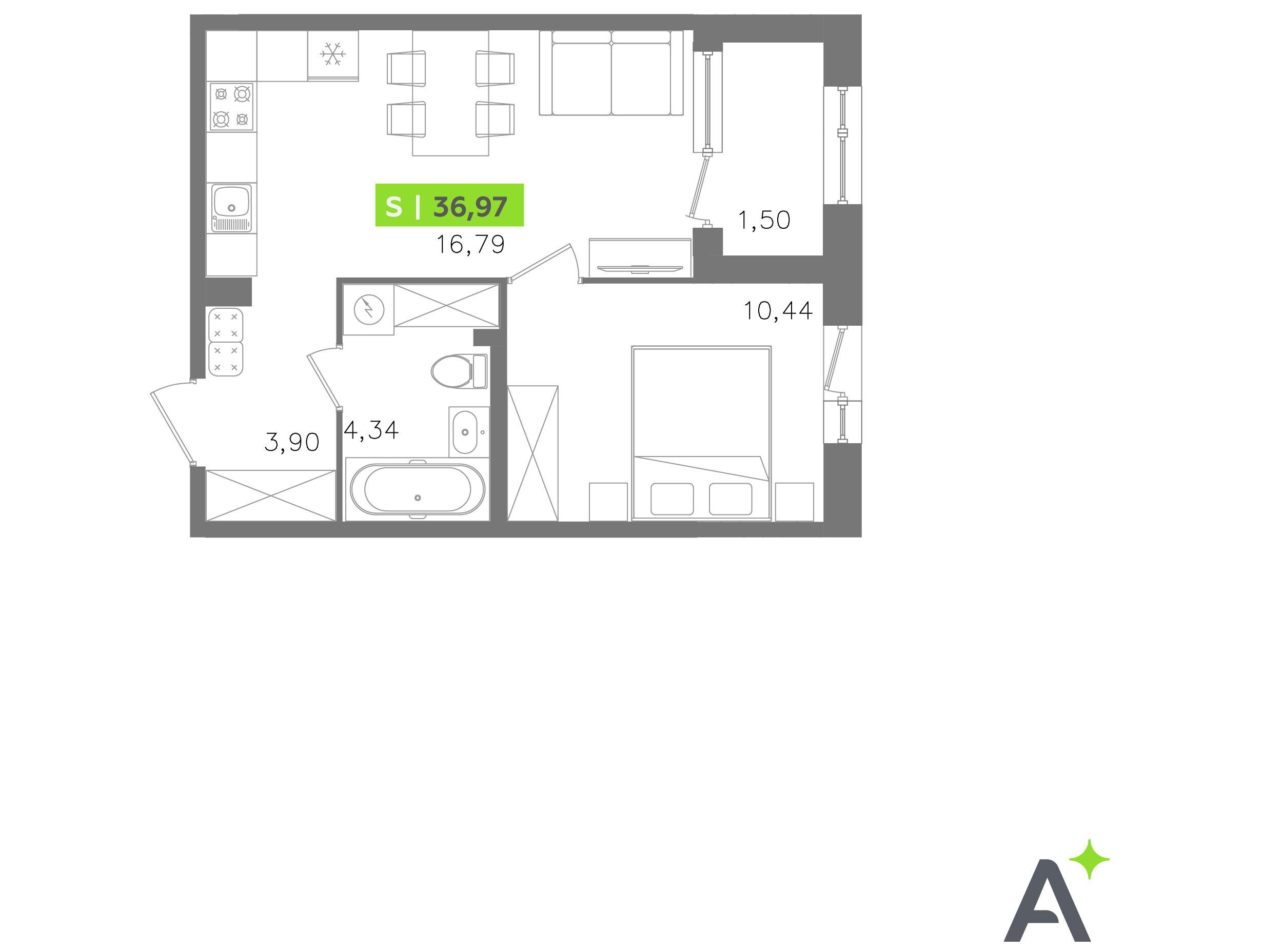 Планировка: 2-комн. квартира 36.97 м² в новостройке Оро от Аквилон