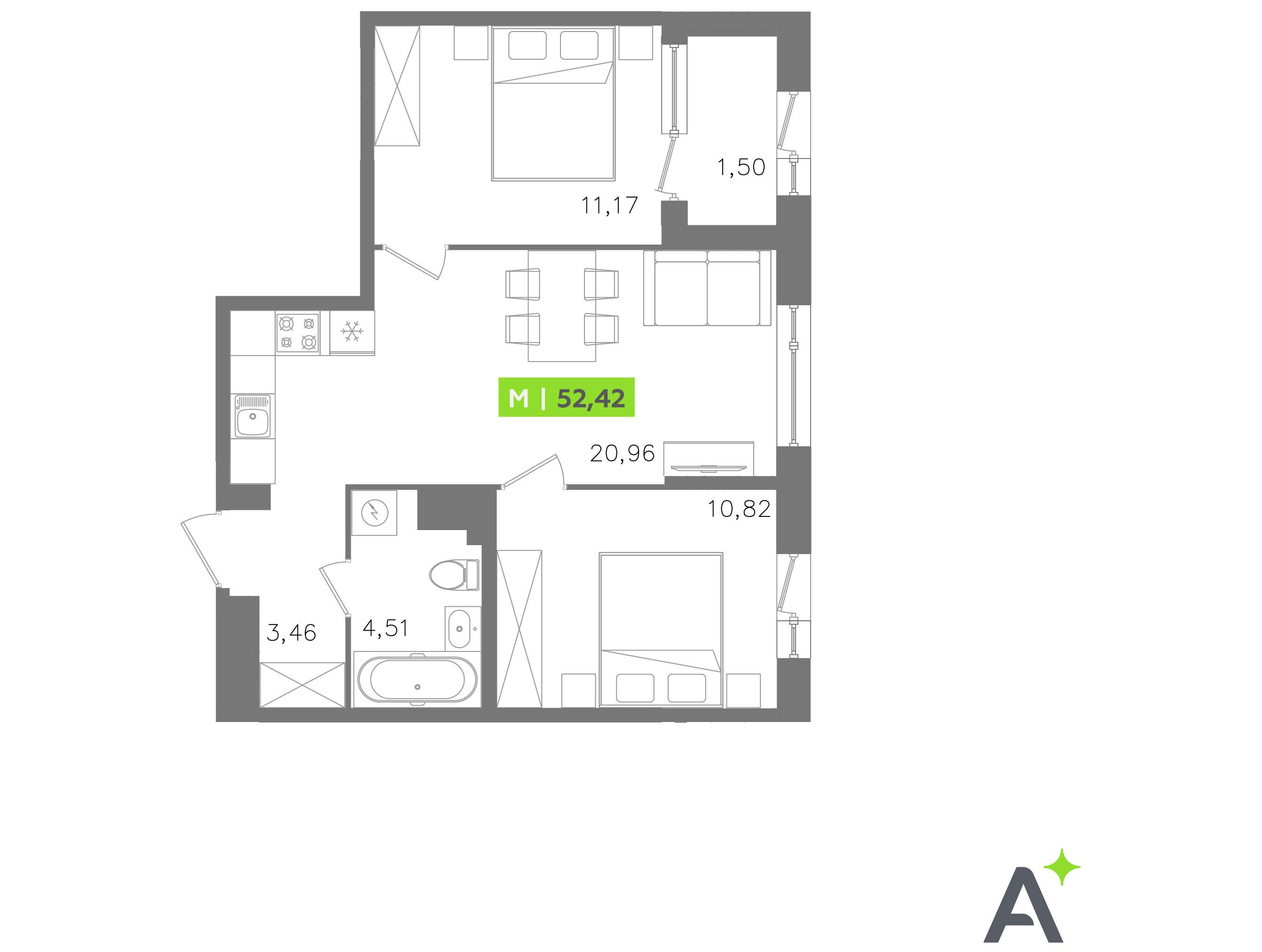 Планировка: 3-комн. квартира 52.42 м² в новостройке Оро от Аквилон