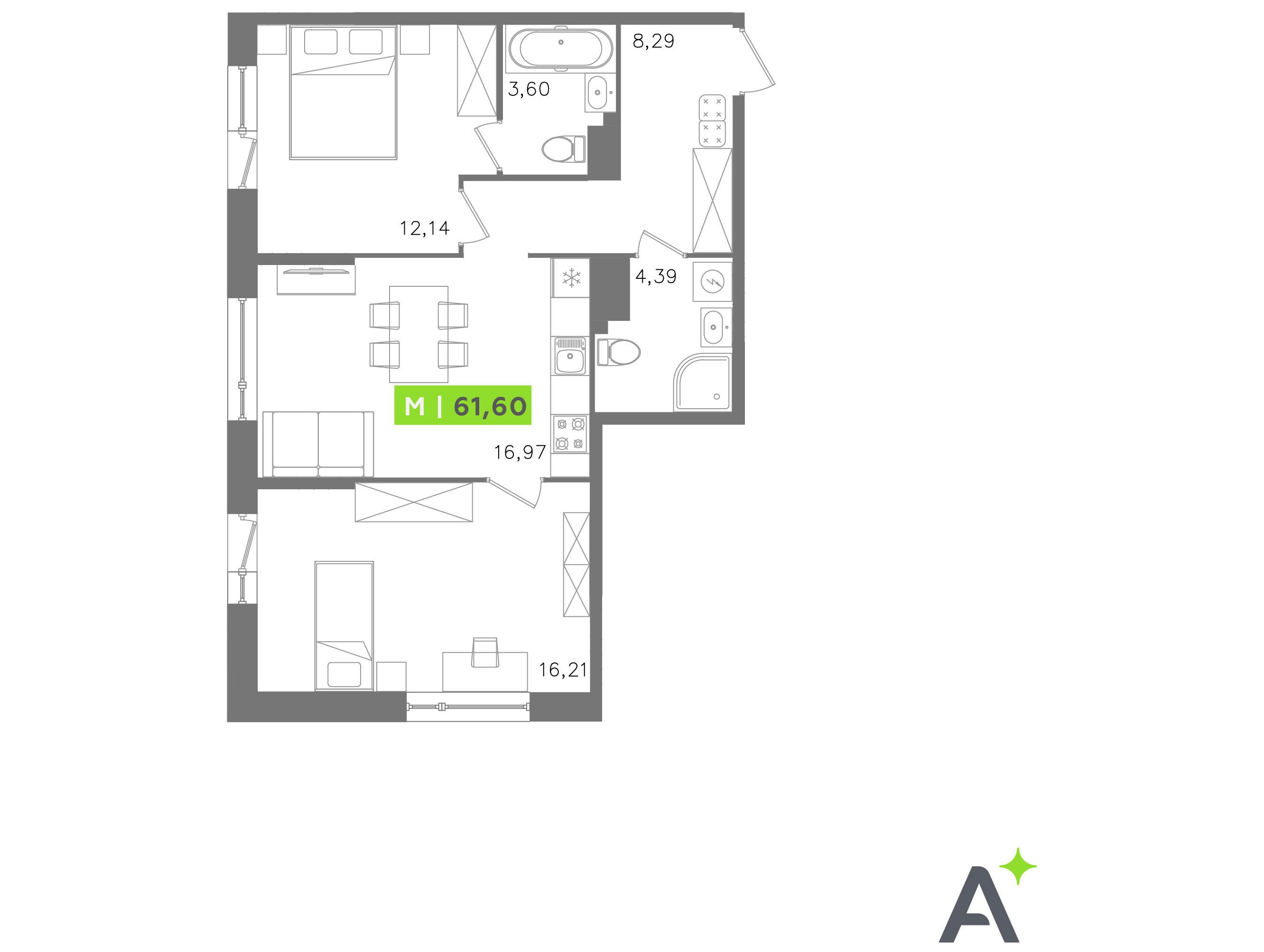 Планировка: 3-комн. квартира 61.60 м² в новостройке Оро от Аквилон