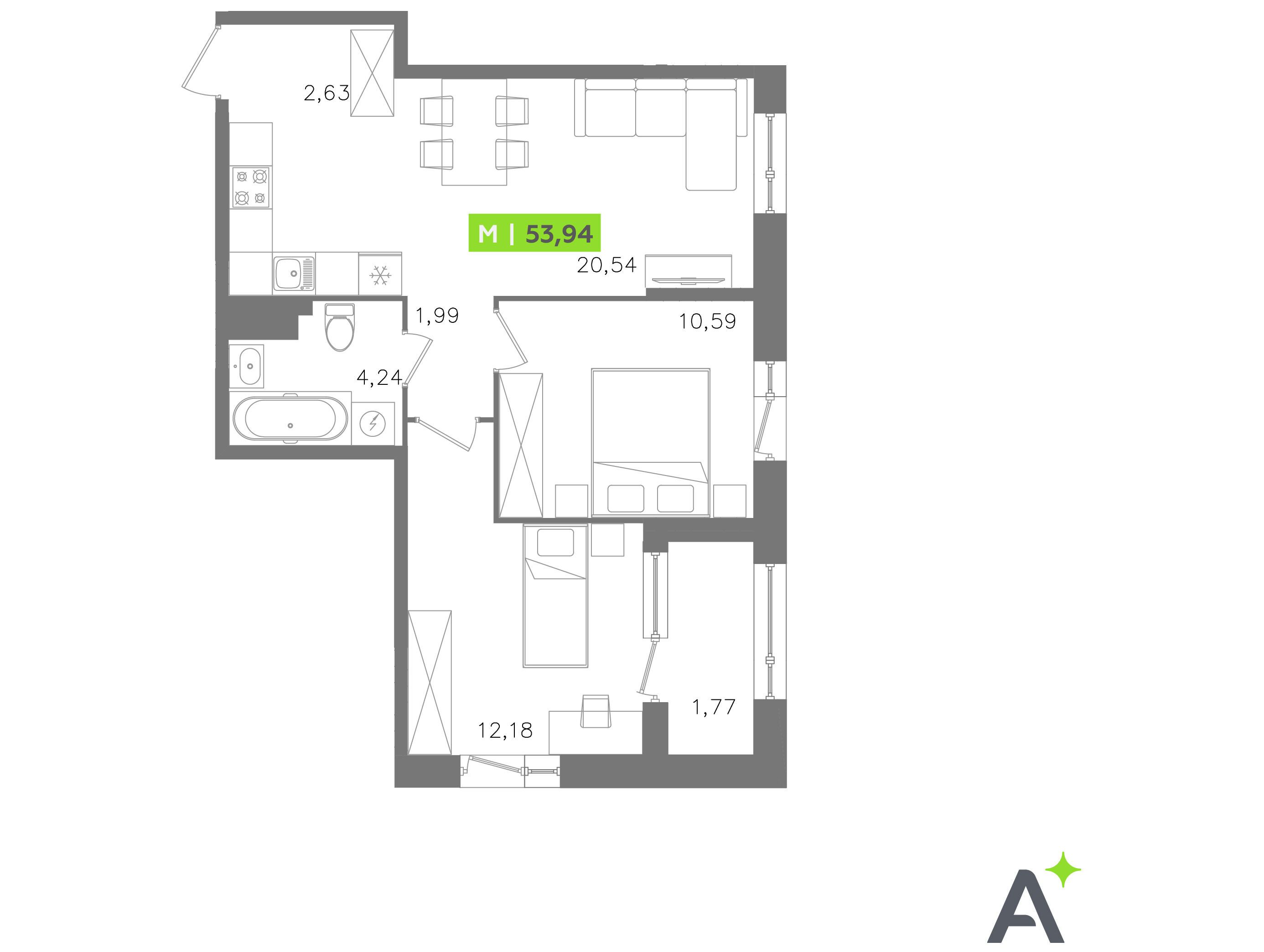 Планировка: 3-комн. квартира 53.94 м² в новостройке Оро от Аквилон