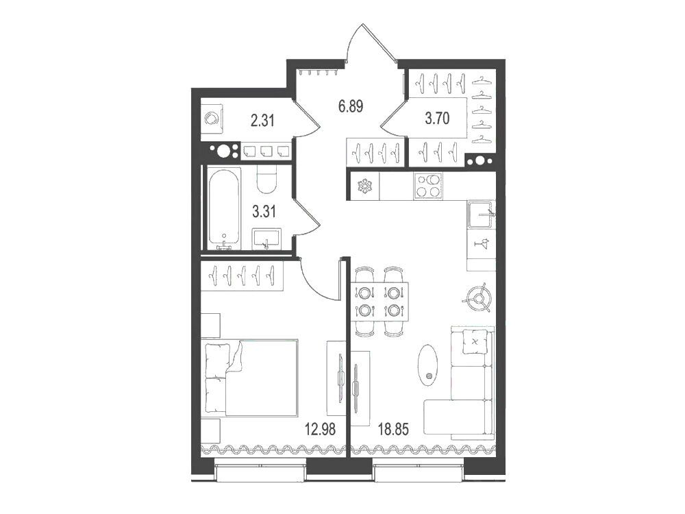 Планировка: 1-комн. квартира 48.04 м² в новостройке ЖК Остров первых
