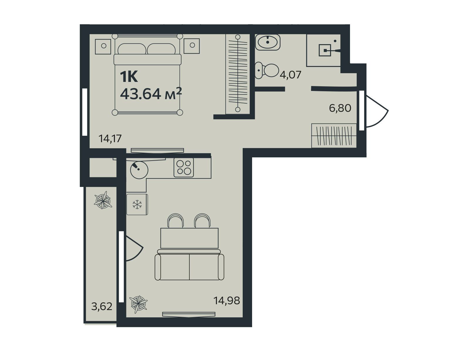 Планировка: 1-комн. квартира 43.64 м² в новостройке Эдельвейс.Янино