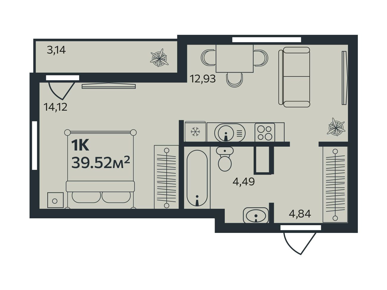 Планировка: 1-комн. квартира 39.75 м² в новостройке Эдельвейс.Янино
