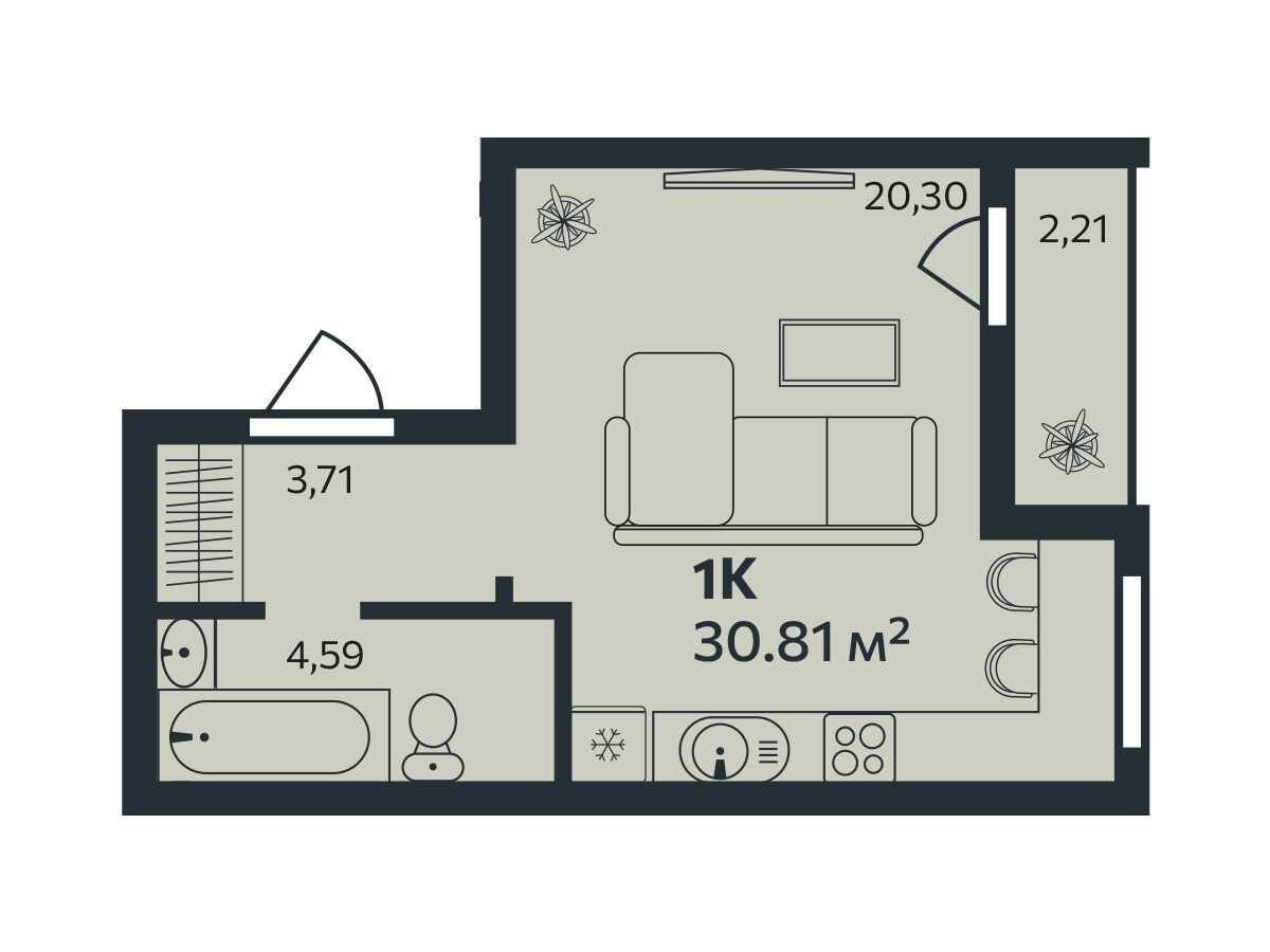Планировка: Студия 30.81 м² в новостройке Эдельвейс.Янино