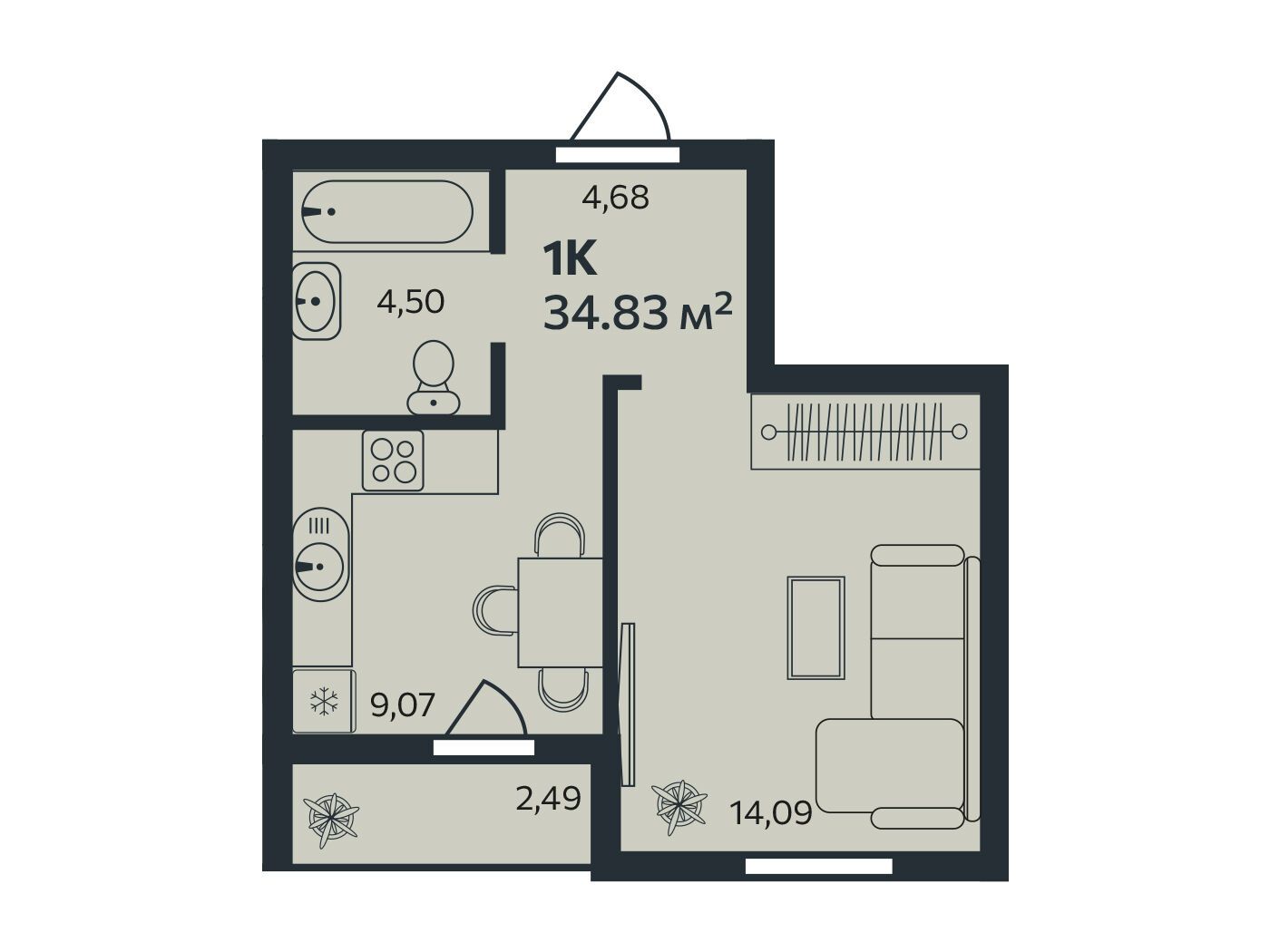 Планировка: 1-комн. квартира 34.83 м² в новостройке Эдельвейс.Янино