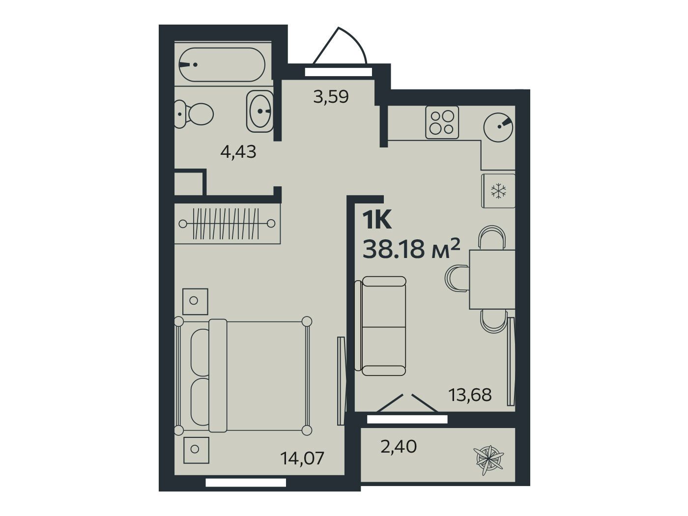 Планировка: 1-комн. квартира 38.68 м² в новостройке Эдельвейс.Янино