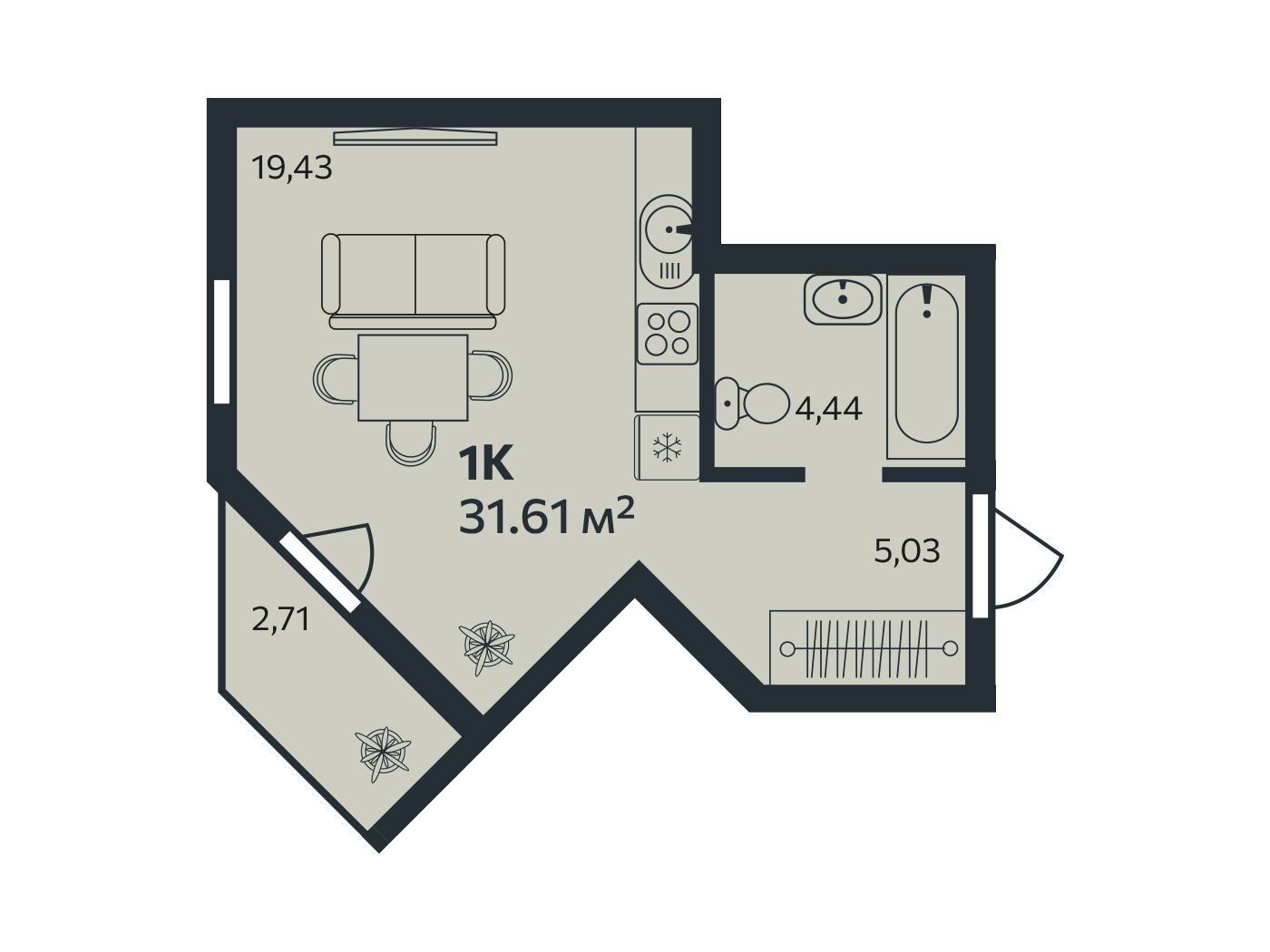 Планировка: Студия 31.61 м² в новостройке Эдельвейс.Янино