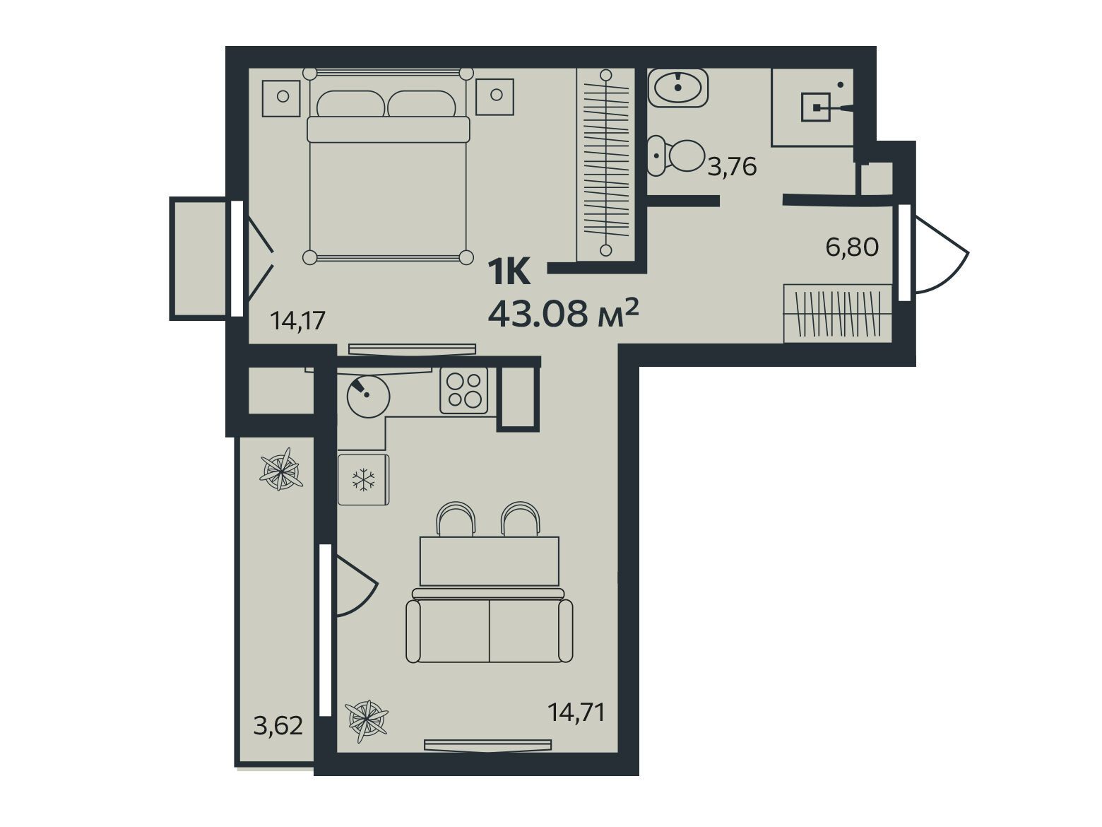 Планировка: 1-комн. квартира 43.08 м² в новостройке Эдельвейс.Янино