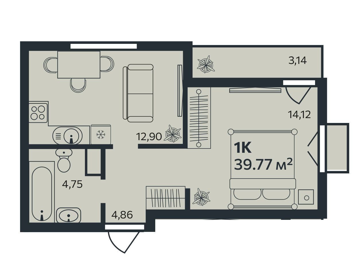 Планировка: 1-комн. квартира 39.77 м² в новостройке Эдельвейс.Янино