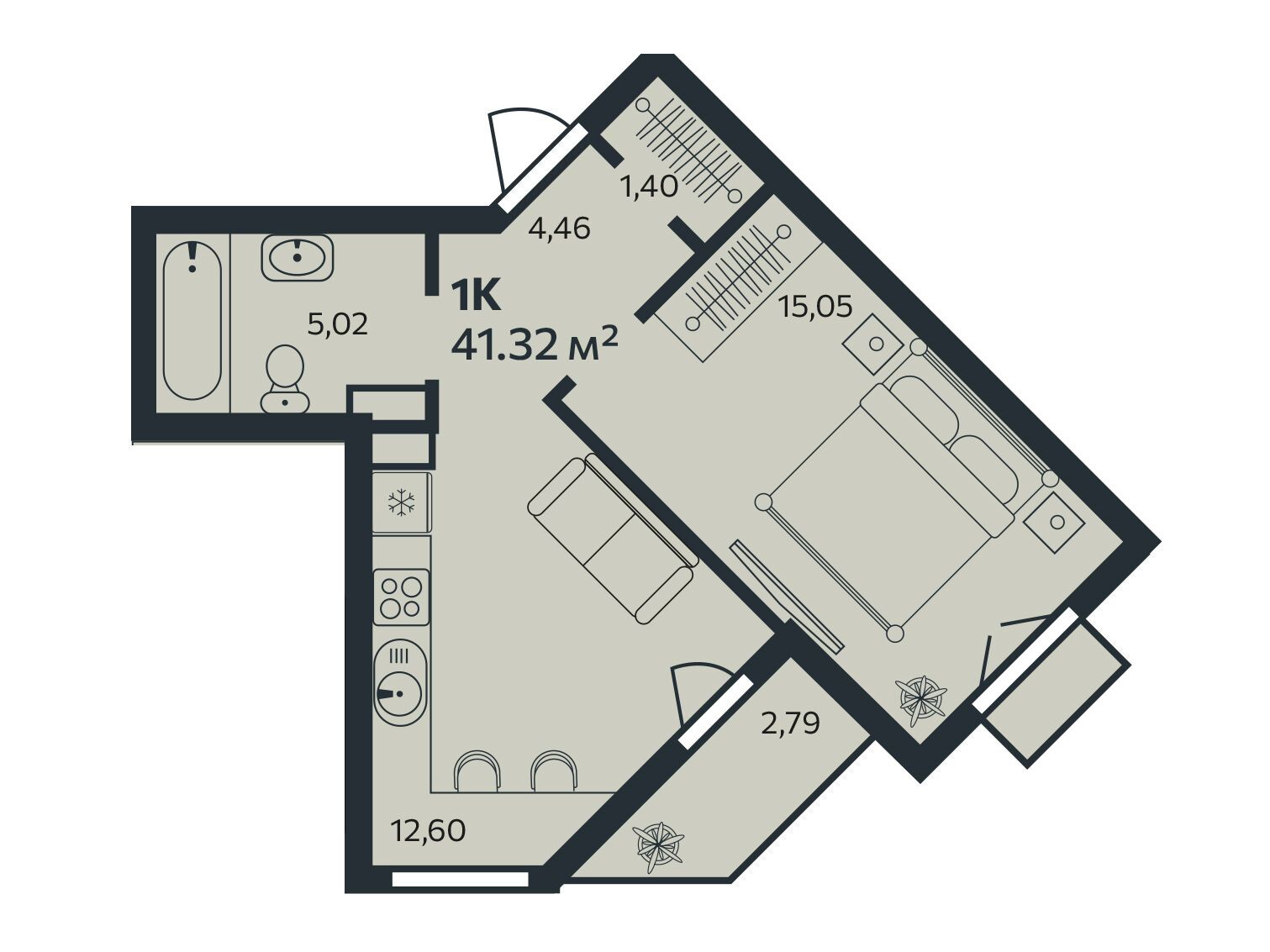 Планировка: 1-комн. квартира 41.32 м² в новостройке Эдельвейс.Янино