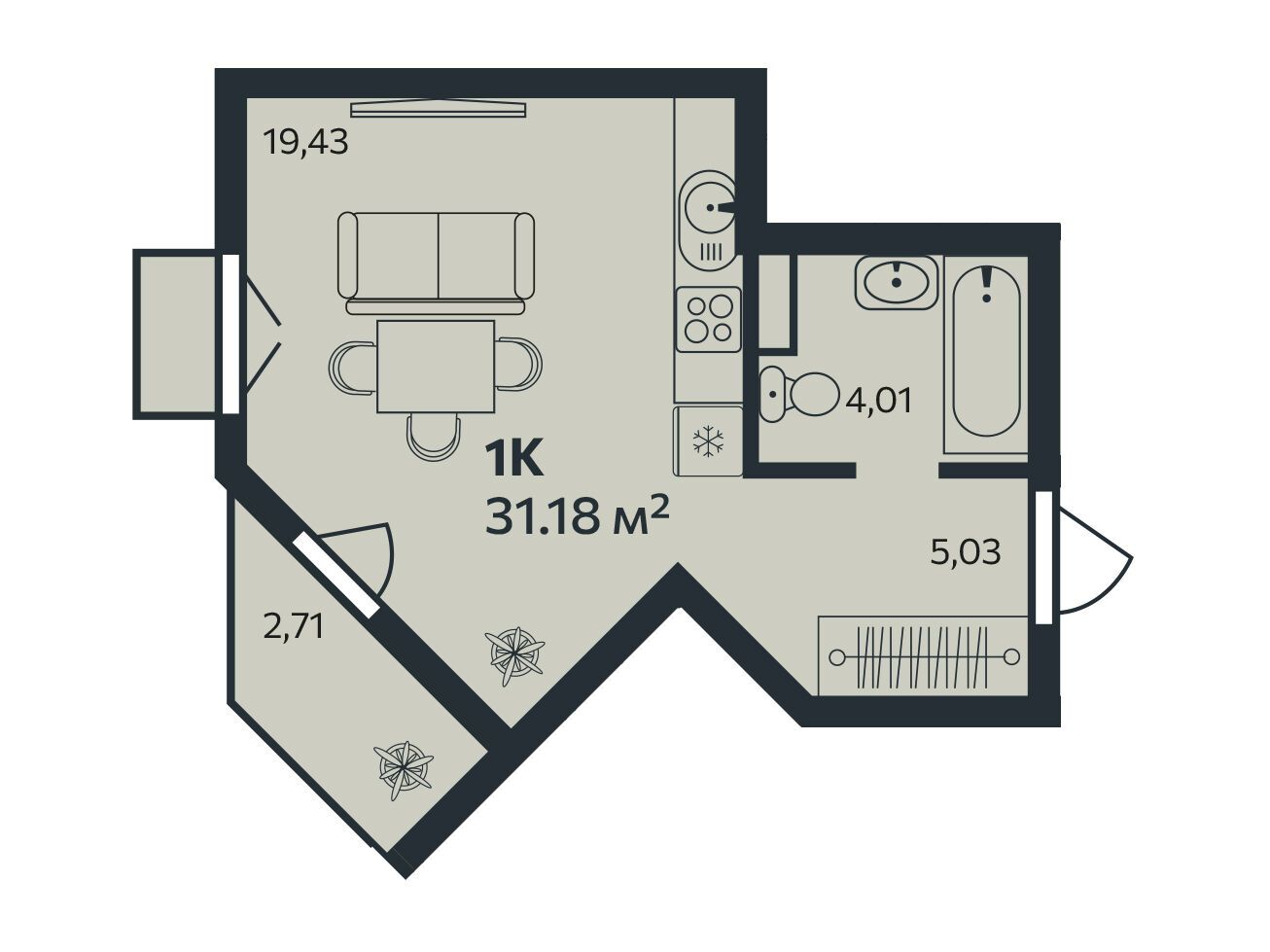 Планировка: Студия 31.18 м² в новостройке Эдельвейс.Янино