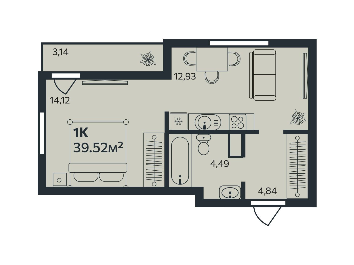 Планировка: 1-комн. квартира 39.52 м² в новостройке Эдельвейс.Янино