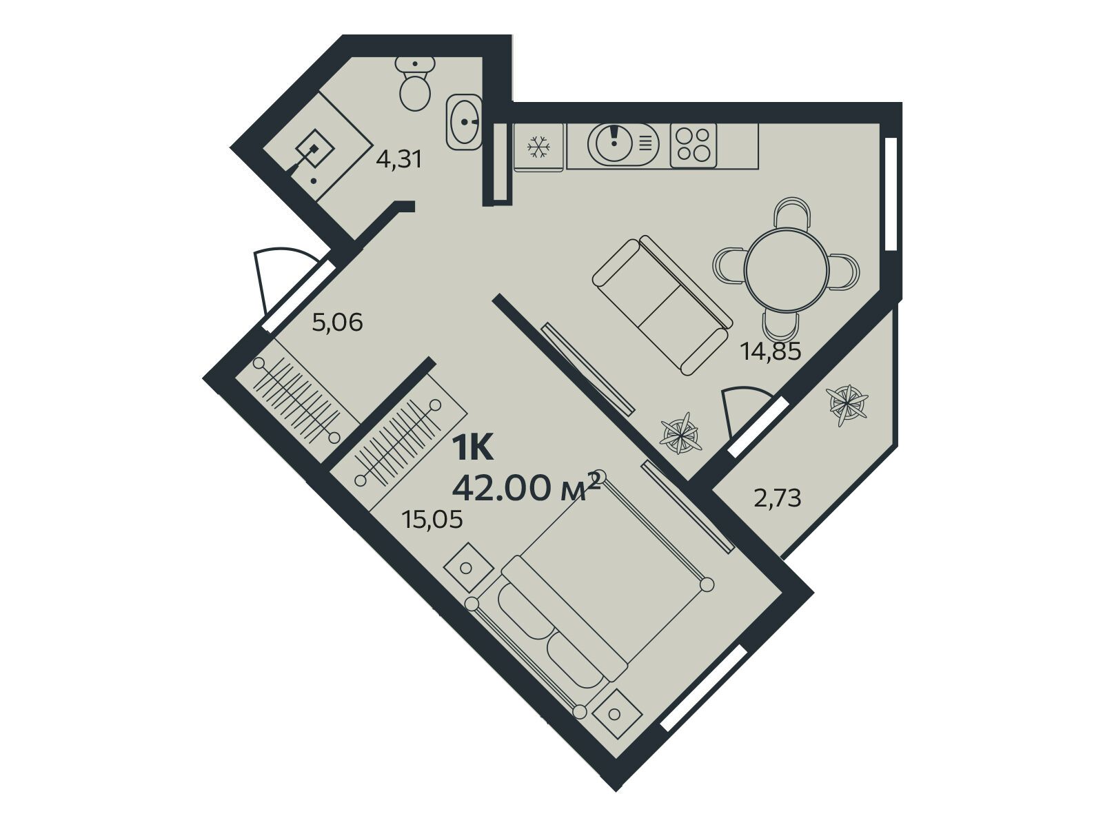 Планировка: 1-комн. квартира 42.00 м² в новостройке Эдельвейс.Янино