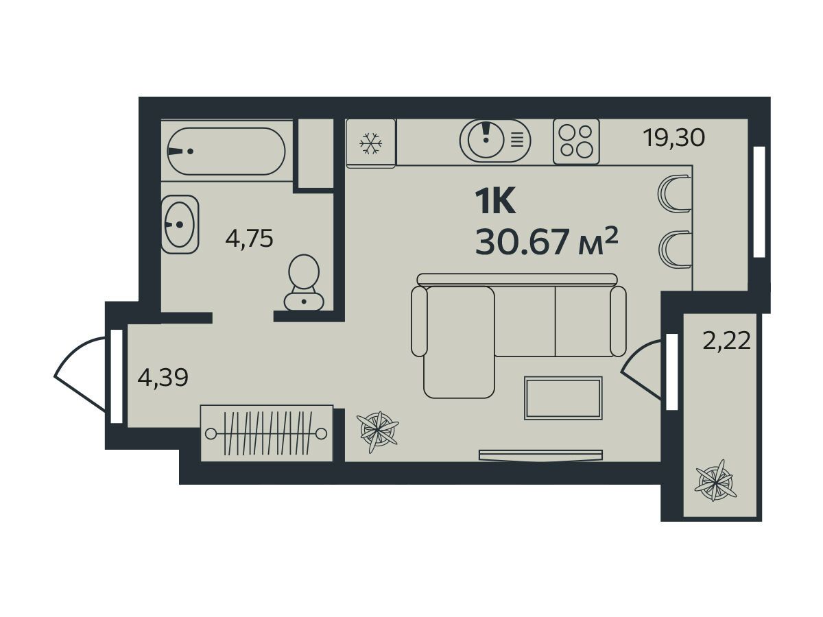 Планировка: Студия 30.67 м² в новостройке Эдельвейс.Янино