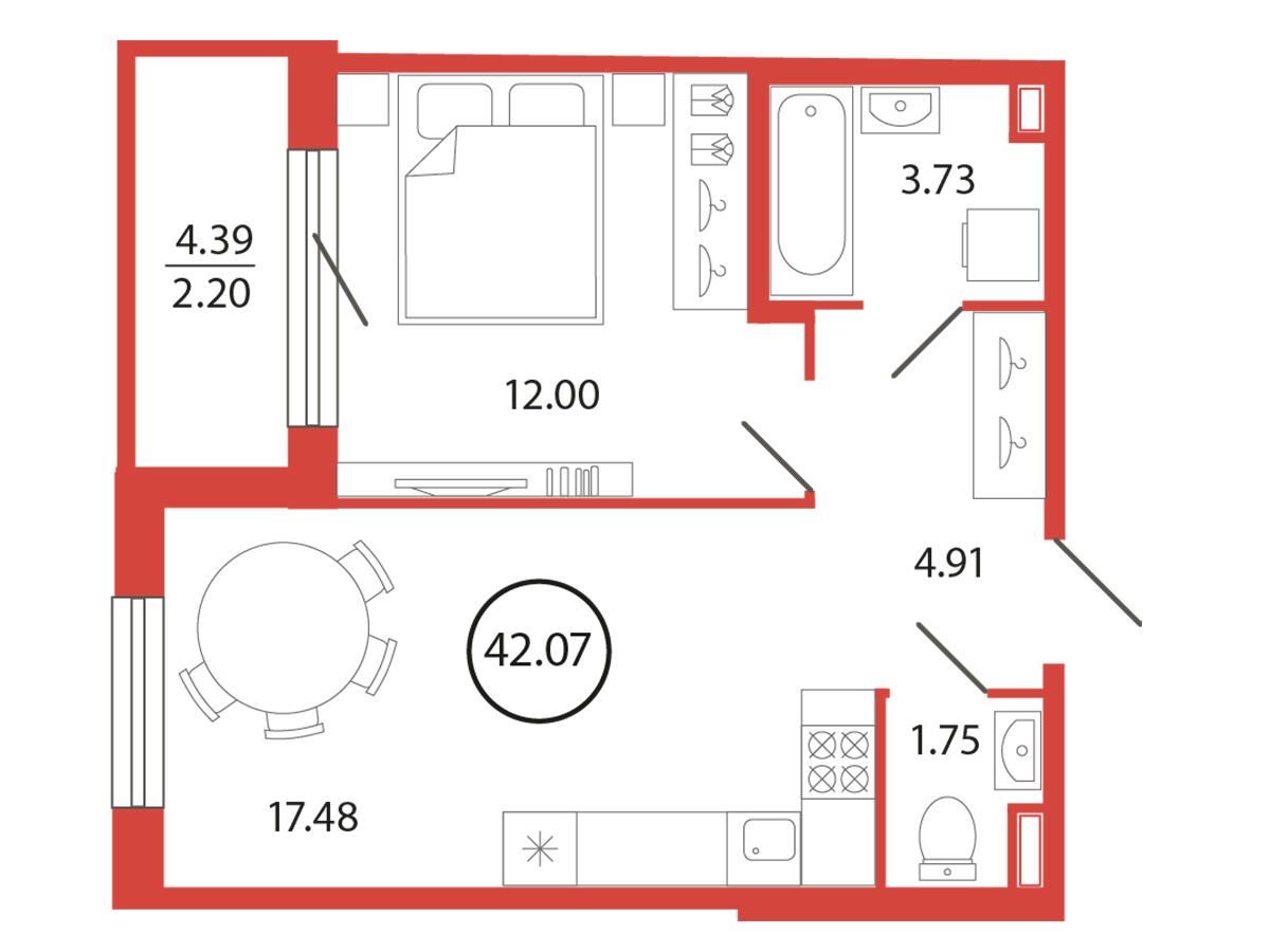 Планировка: 1-комн. квартира 42.07 м² в новостройке ЖК Энфилд