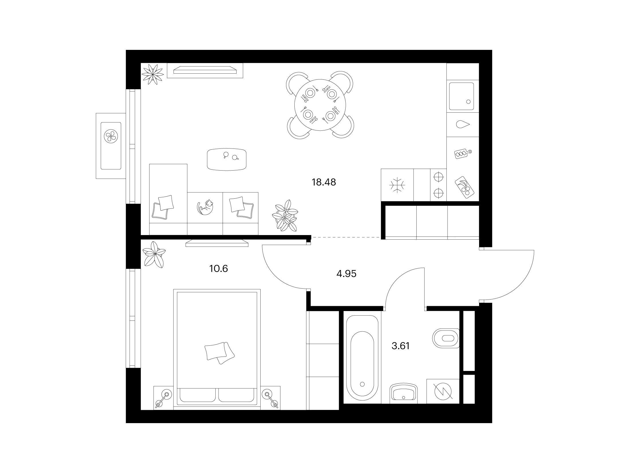 Планировка: 1-комн. квартира 37.64 м² в новостройке Заречный парк