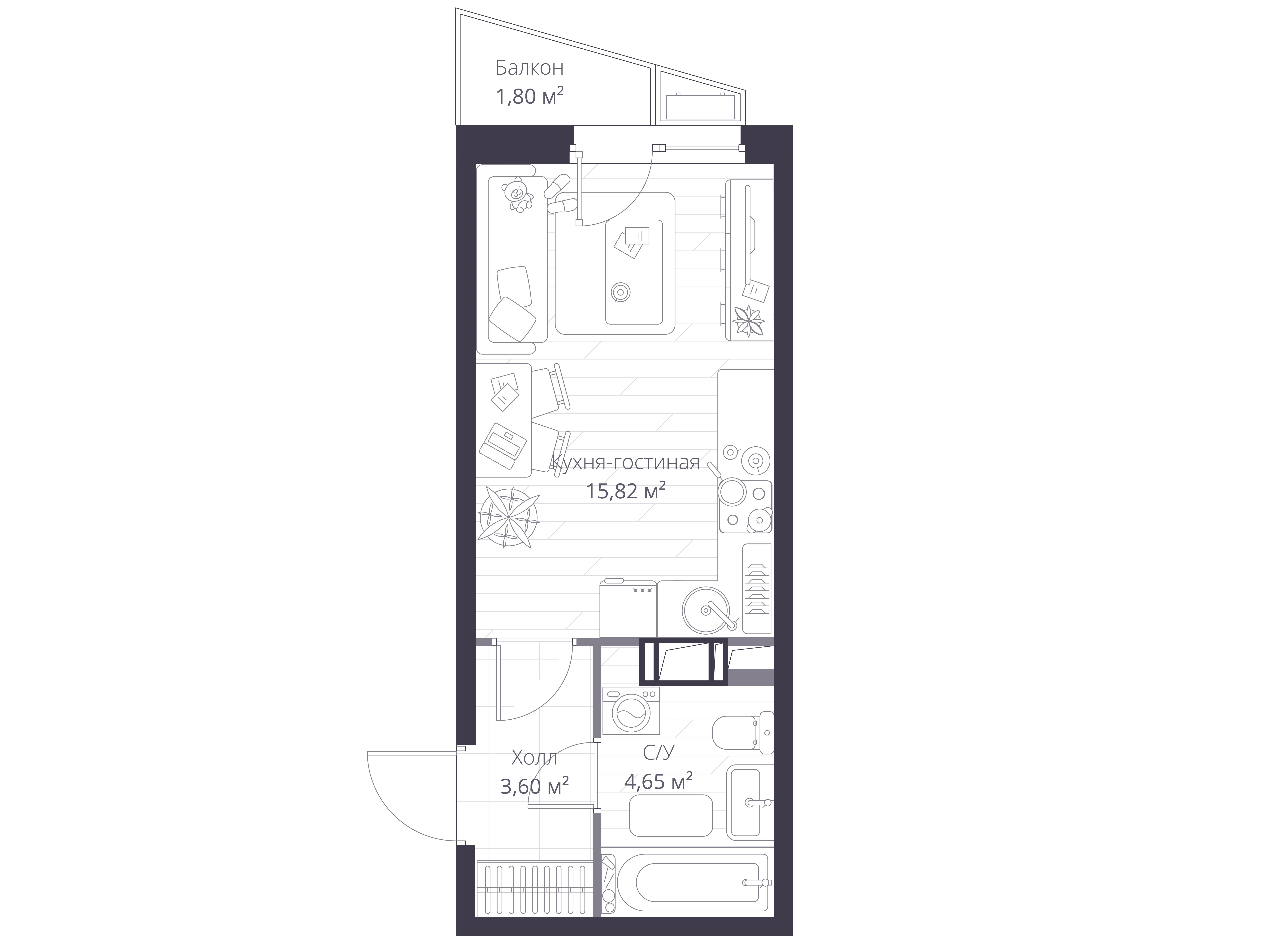 Планировка: Студия 24.60 м² в новостройке Верен Норт Сертолово