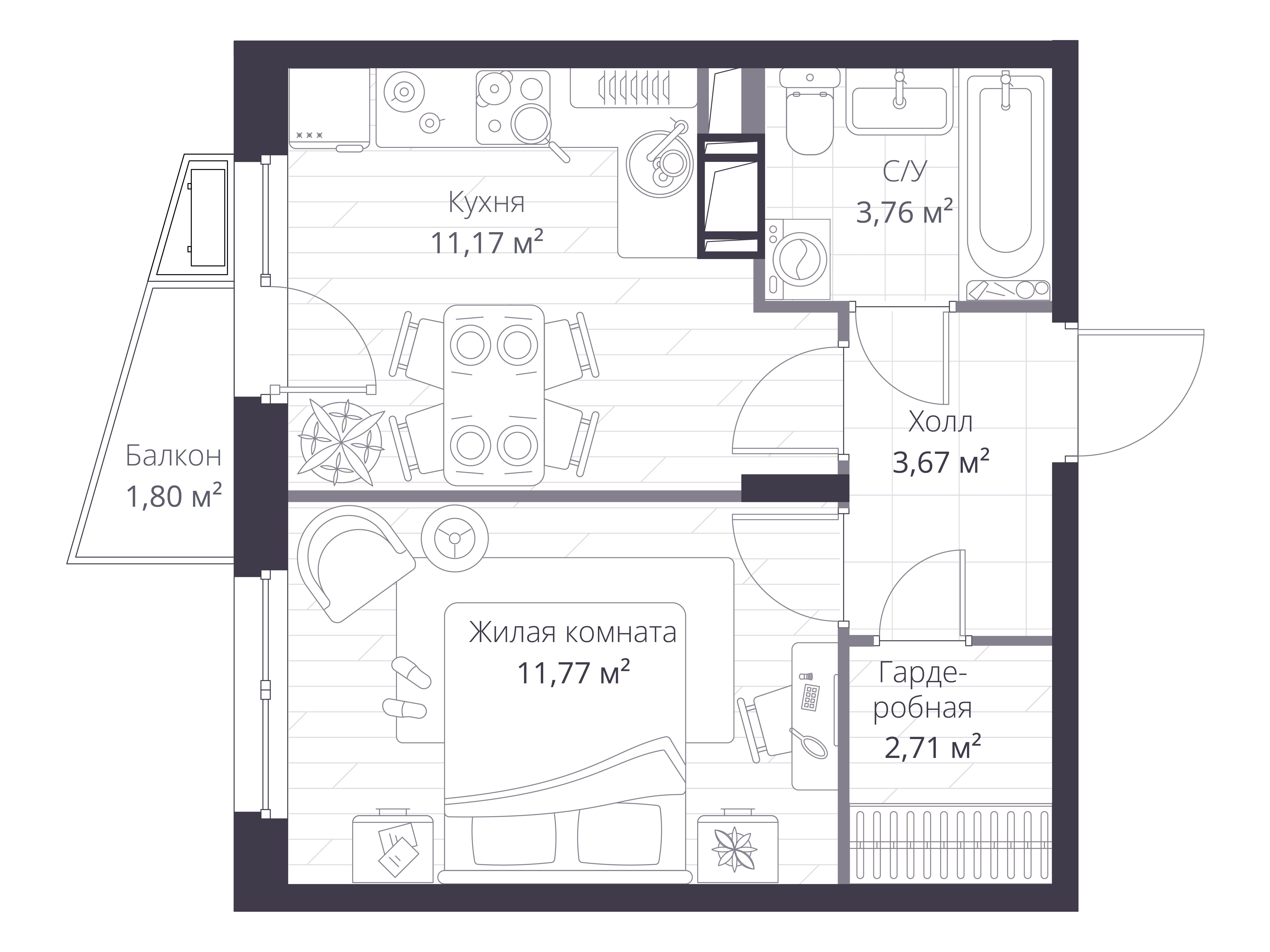 Планировка: 1-комн. квартира 33.62 м² в новостройке Верен Норт Сертолово