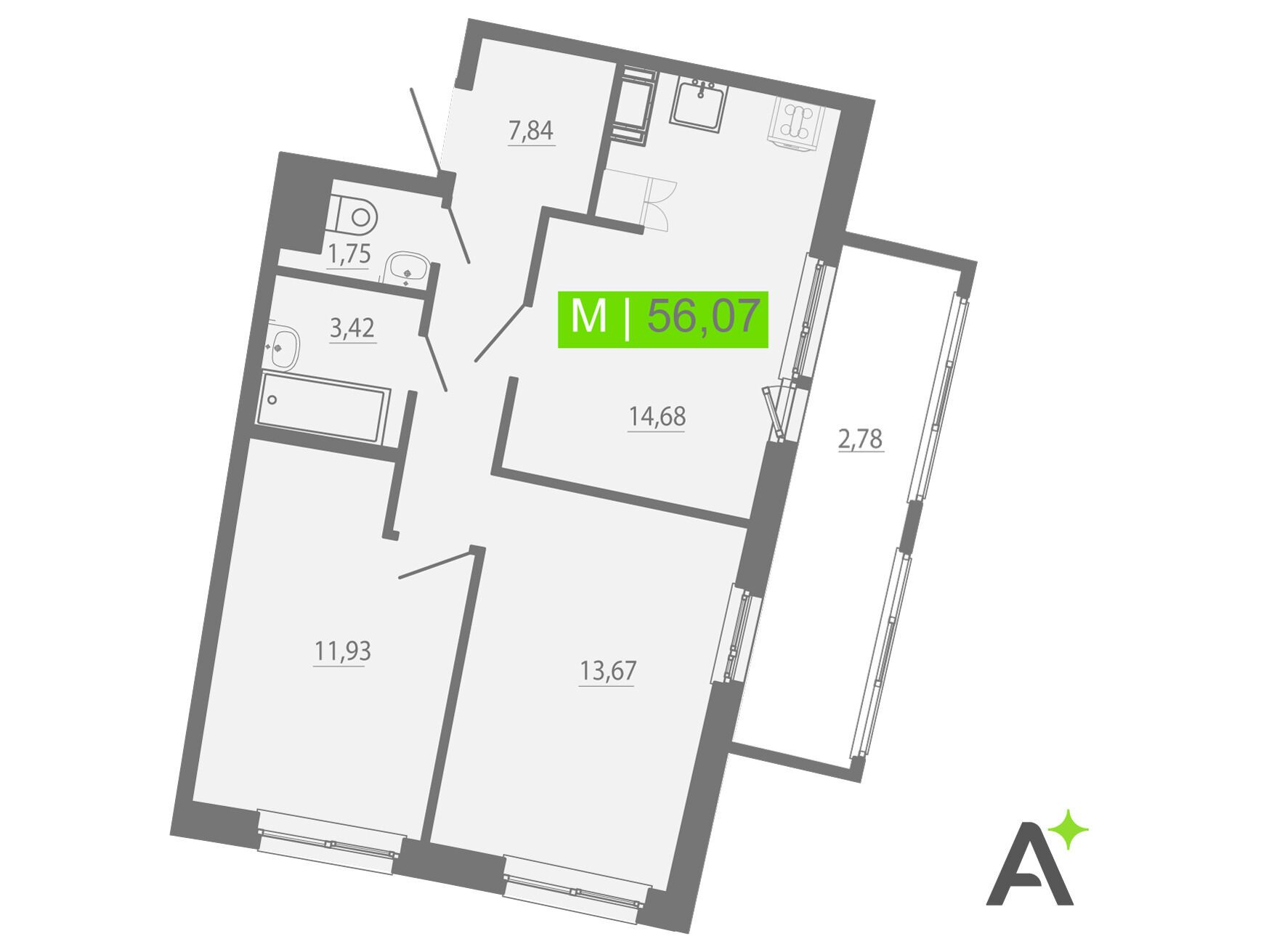 Планировка: 3-комн. квартира 56.07 м² в новостройке Аквилон Рива