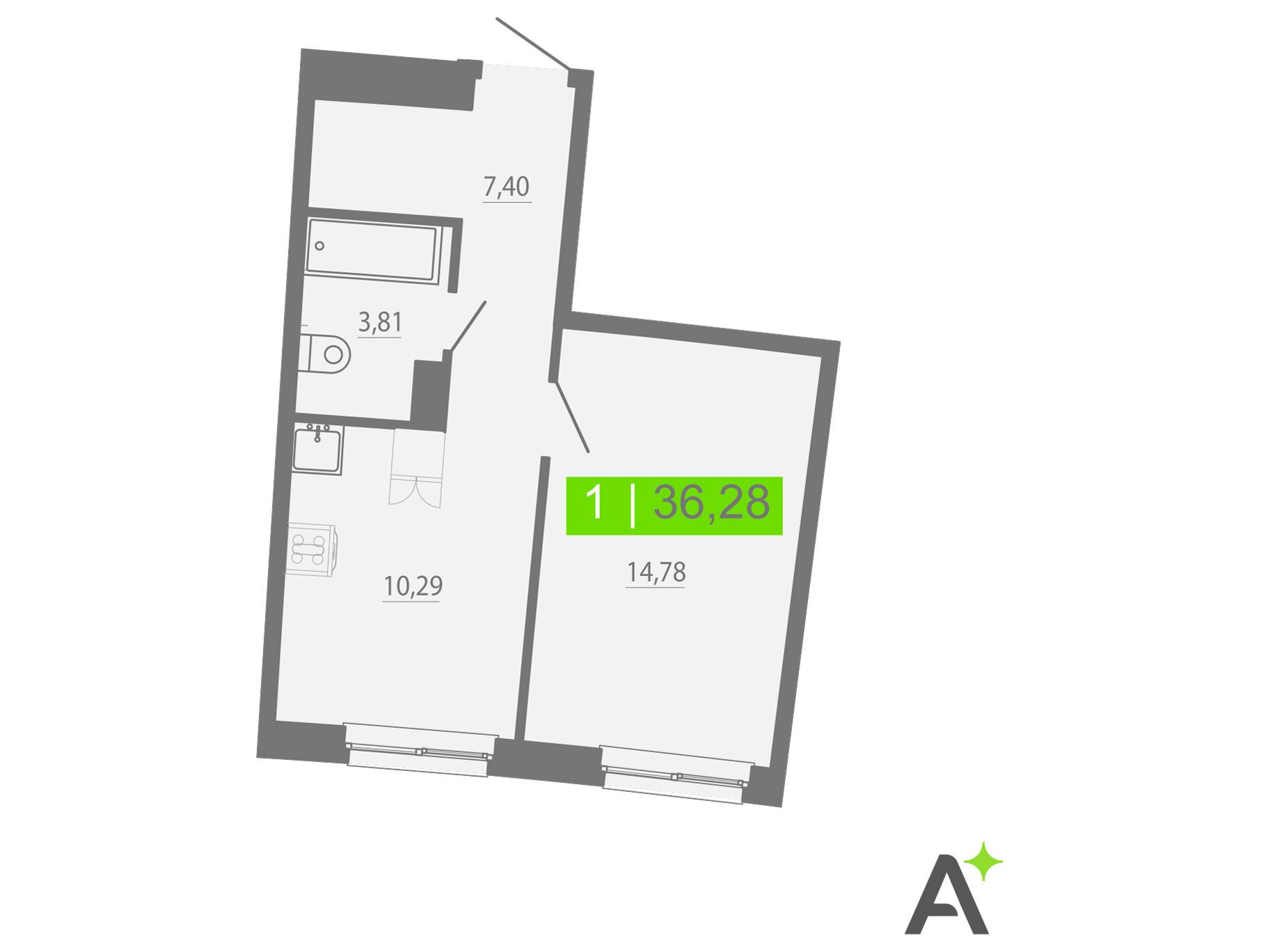 Планировка: 1-комн. квартира 36.28 м² в новостройке Аквилон Рива