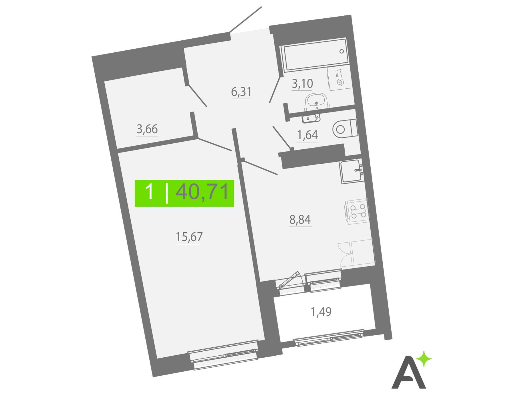 Планировка: 1-комн. квартира 40.71 м² в новостройке Аквилон Рива