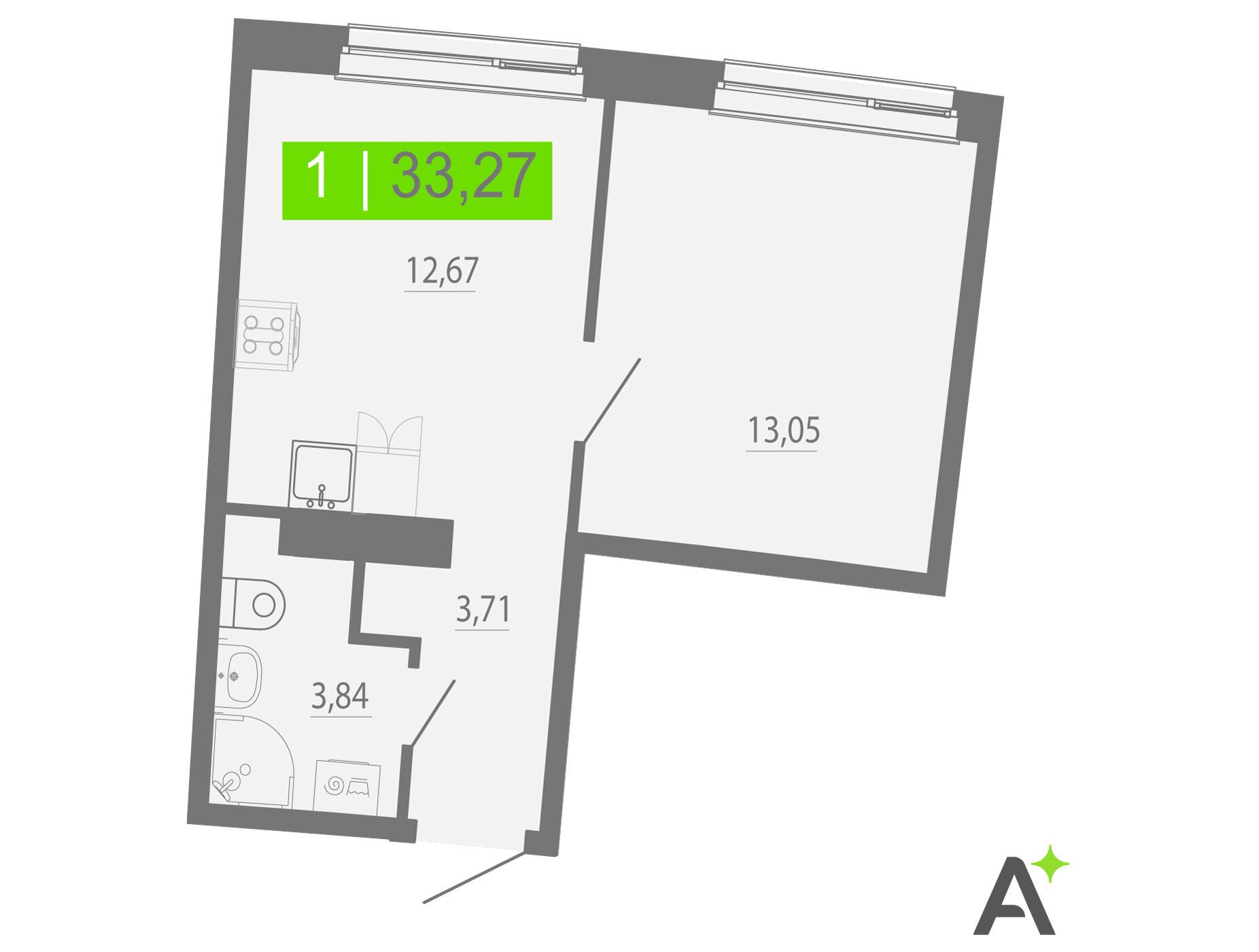 Планировка: 1-комн. квартира 33.27 м² в новостройке Аквилон Рива