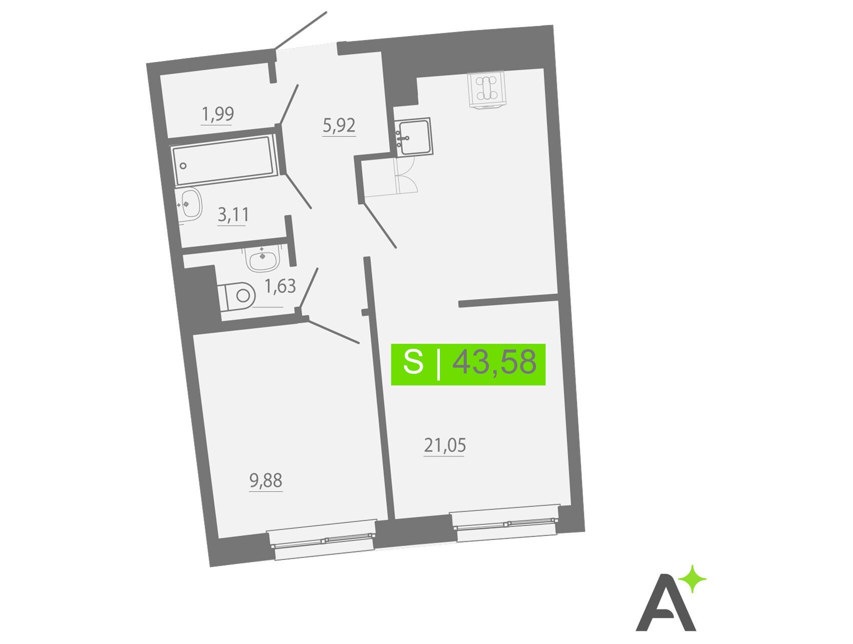 Планировка: 2-комн. квартира 43.58 м² в новостройке Аквилон Рива
