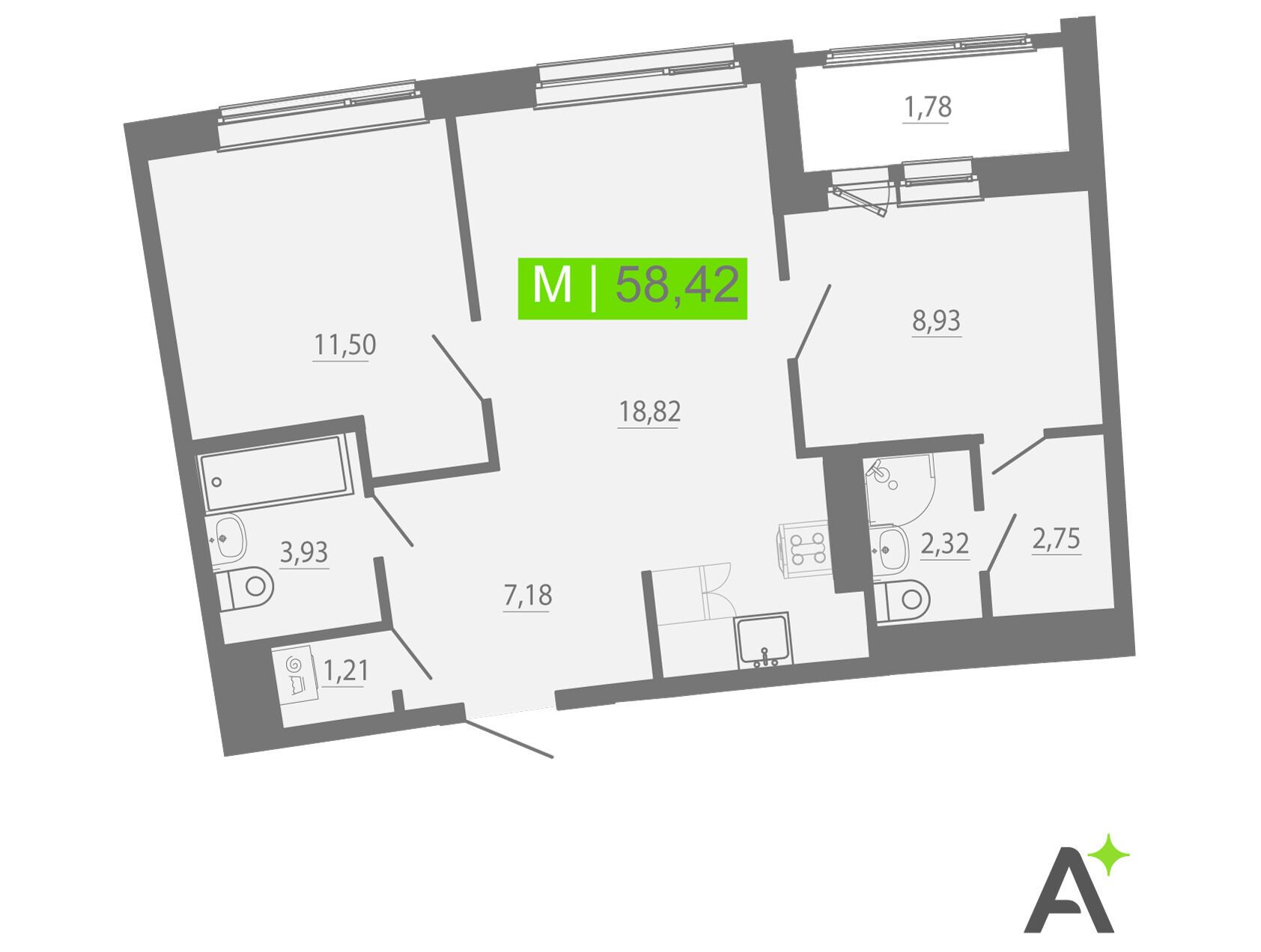 Планировка: 3-комн. квартира 58.42 м² в новостройке Аквилон Рива
