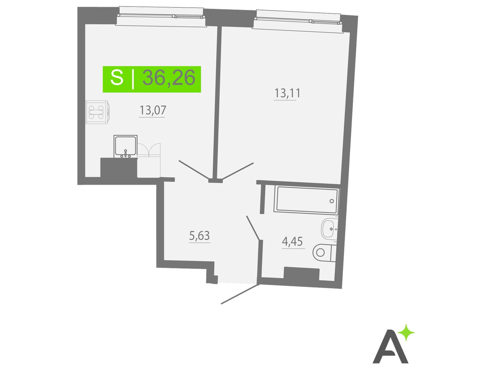 Планировка: 2-комн. квартира 36.26 м² в новостройке Аквилон Рива