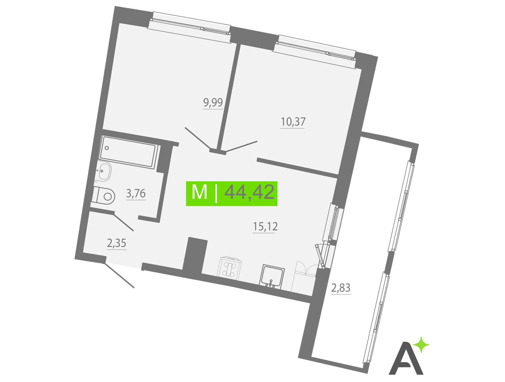 Планировка: 3-комн. квартира 44.42 м² в новостройке Аквилон Рива